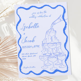 Blue Champagne Tower Wavy Hand Drawn Wedding Einladung