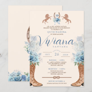 Blue Charro Western Rose Quinceanera Einladung