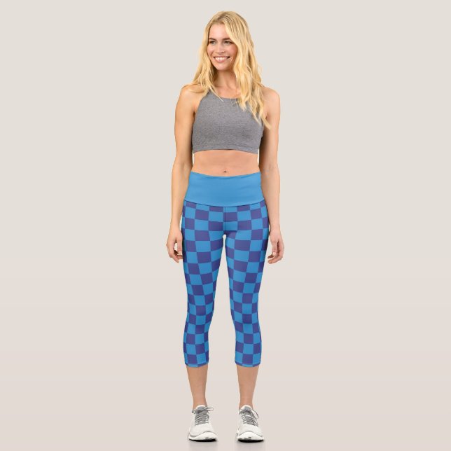 Blue Check Checker Board Pattern Capri Leggings (Vorderseite)