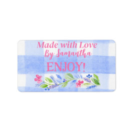 Blue Check Gingham Flowers MADE WITH LOVE H Adressaufkleber