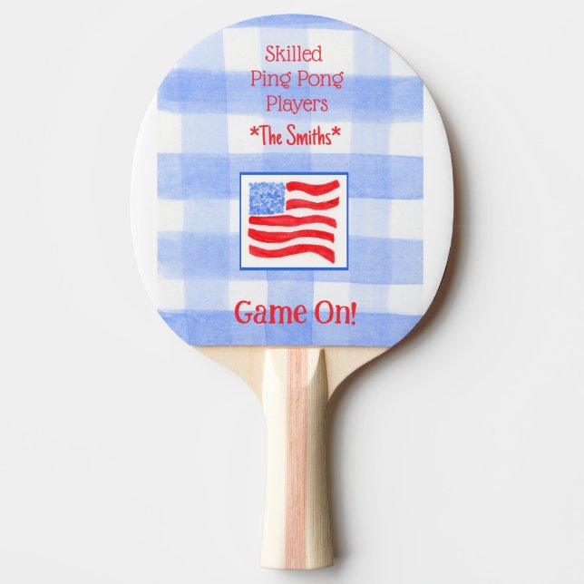 Blue Check Gingham USA Flag Ping Pong Paddle Tischtennis Schläger (Vorderseite)