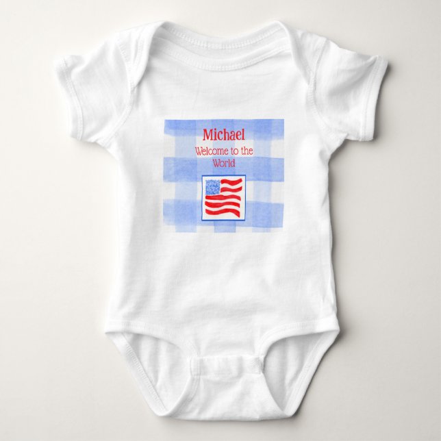Blue Check Gingham USA Flag WELCOME Baby Clothing Baby Strampler (Vorderseite)