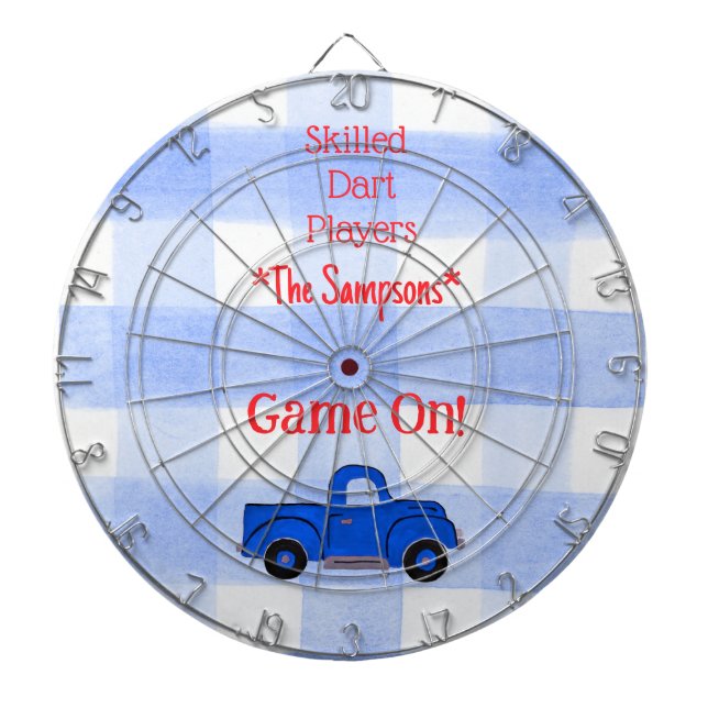 Blue Check Gingham Vintage Blue Truck Dartscheibe (vorne)