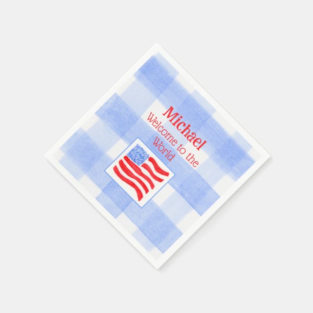 Blue Check USA Flag WELCOME TO THE WORLD Serviette (Ecke)