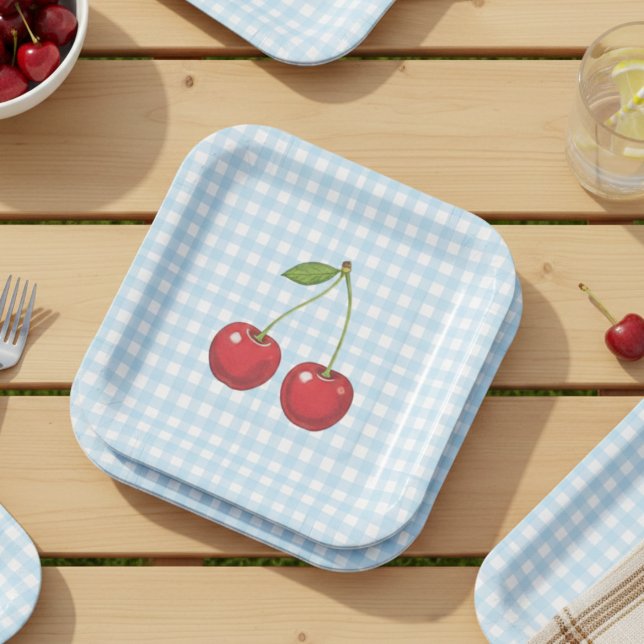 Blue Checked Paper Plates with Cherries for Summer Pappteller (Von Creator hochgeladen)