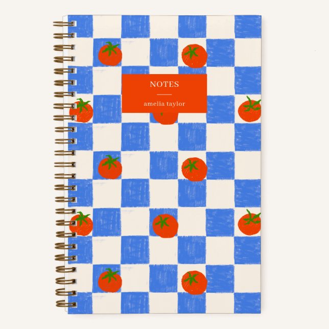 Blue Checker Tomato Pattern Personalized Name Notizbuch (Vorderseite)