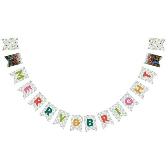 Blue Checkerboard Merry & Bright Bunting Banner (Alle)