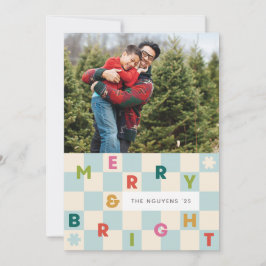 Blue Checkerboard Merry & Bright Christmas Card Einladung