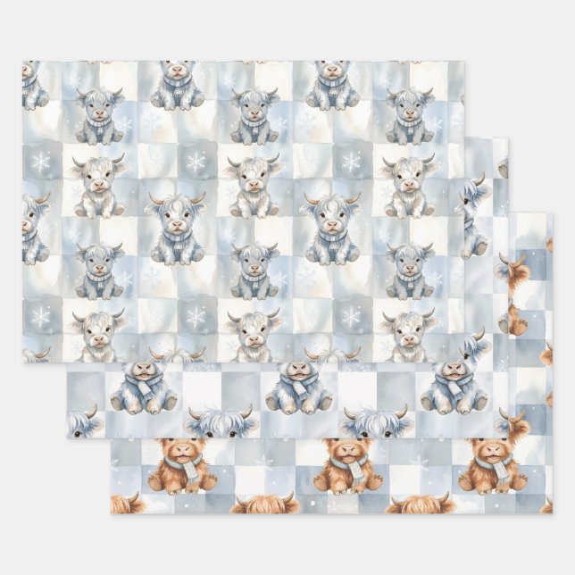 Blue Checkered Highland Cow Snowflake Cool Winter Geschenkpapier Set (Set)