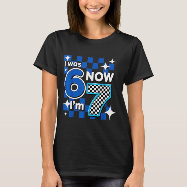 Blue Checkered I Was 6 Now I'm 7 Birthday  T-Shirt (Vorderseite)