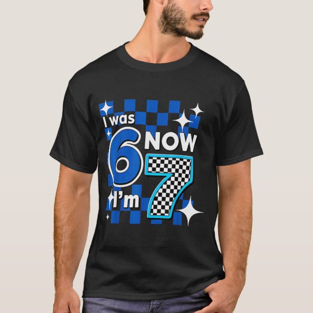 Blue Checkered I Was 6 Now I'm 7 Birthday  T-Shirt (Vorderseite)