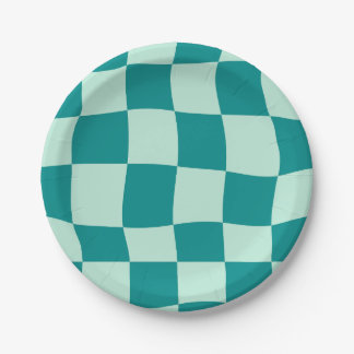 Blue Checkered Pattern Groovy Retro Pappteller