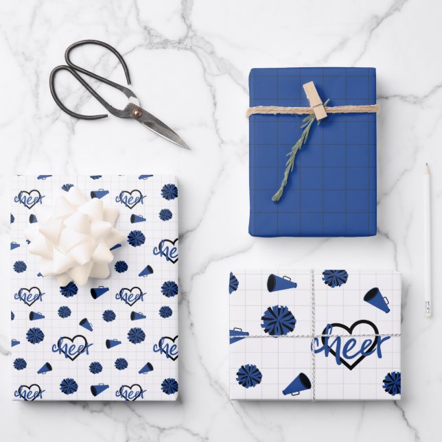 Blue Cheer Hearts, Pom Poms, Megaphone Muster Geschenkpapier Set (Vorderseite)