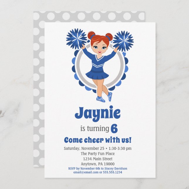 Blue Cheerleader - Redhead Girls Cheer Birthday Einladung (Vorne/Hinten)