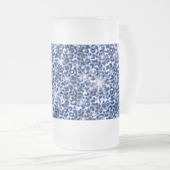 Blue Cheetah Glitzern Mattiert Glass Beer Tasse (VorderseiteRechts)