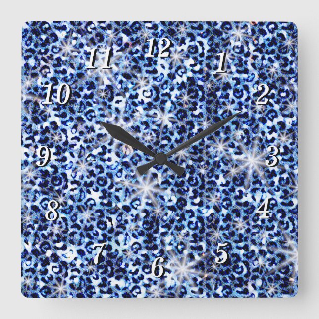 Blue Cheetah Glitzern Wall Clock Quadratische Wanduhr (Vorderseite)