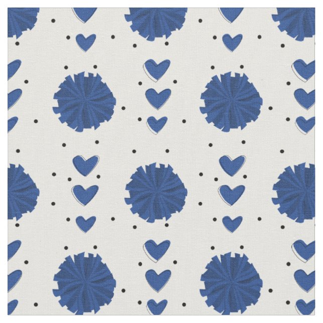 Blue Cheleader Pom Poms & Hearts Muster Stoff (Nahaufnahme)