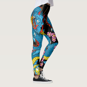 Blue Cherry Blossom Dragon Tattoo Leggings
