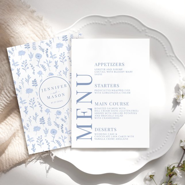 Blue Chic Botanical Boho Wedding Menu Cards Begleitkarte (Von Creator hochgeladen)