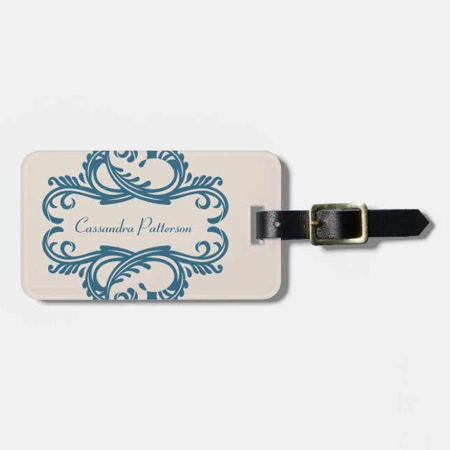 Blue Chic Damask Gepäckmarke Gepäckanhänger (Vorderseite horizontal)