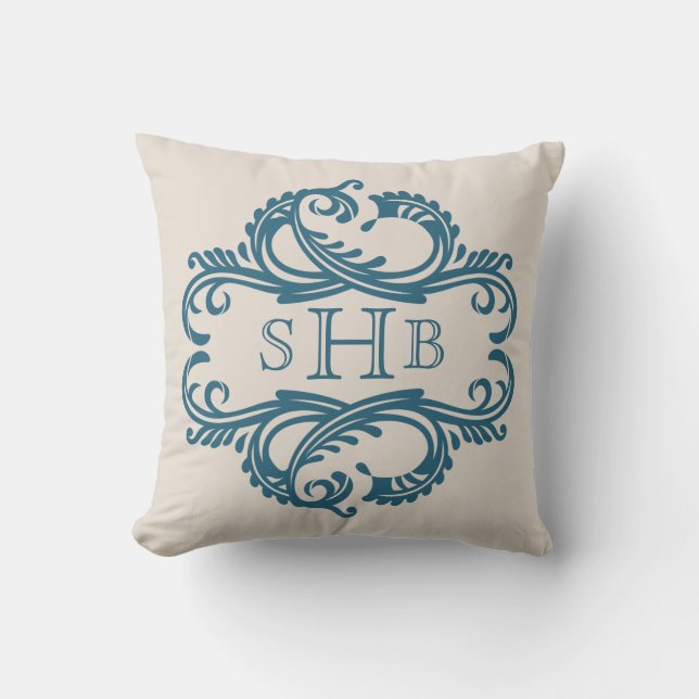 Blue Chic Damask Monogram Pillow Kissen (Vorderseite)