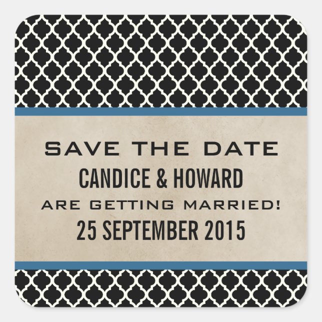 Blue Chic Quatrefolien Save the Date Aufkleber (Vorderseite)