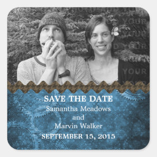 Blue Chic Steampunk Foto Save the Date Stickers