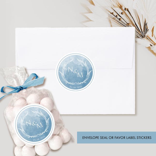 Blue Chic Watercolor Monogram Umschlag Aufkleber / (Von Creator hochgeladen)