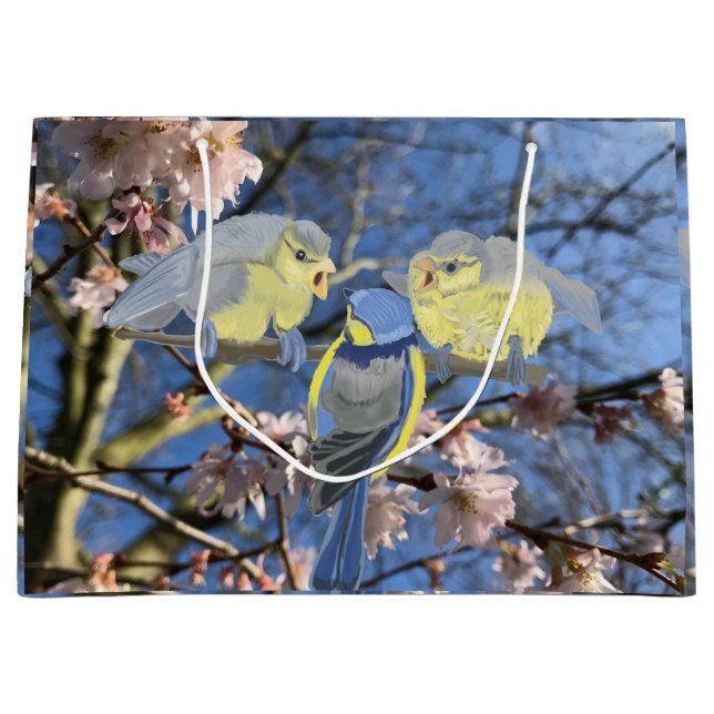 Blue Chickadee Mutter und Babys Ostern Große Geschenktüte (Vorderseite)