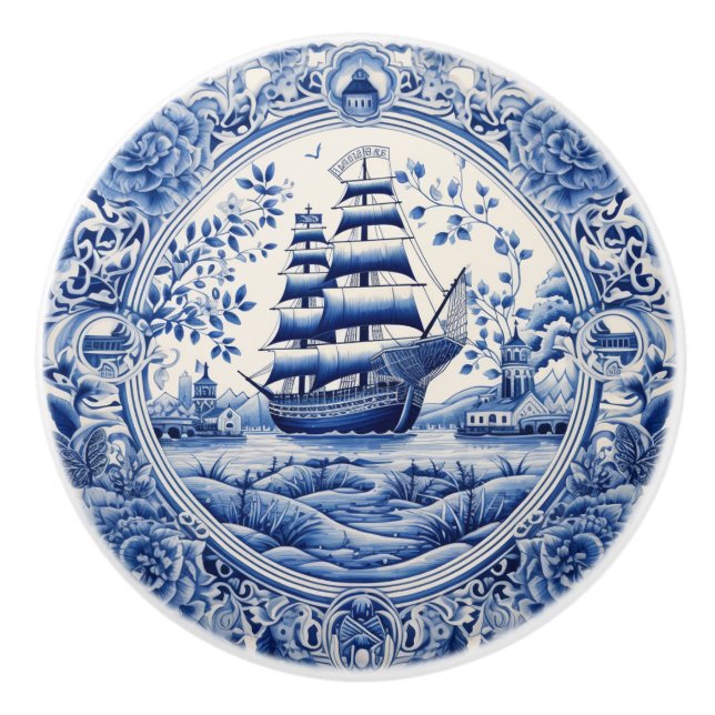 Blue China Inspiriert Nautical Ship Knob Keramikknauf (Vorderseite)