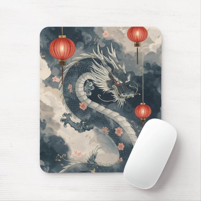Blue Chinese Dragon Lanterns Mousepad (Mit Mouse)