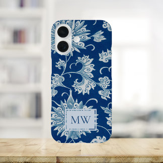 Blue Chinese Floral Custom Monogram iPhone 16 Hülle