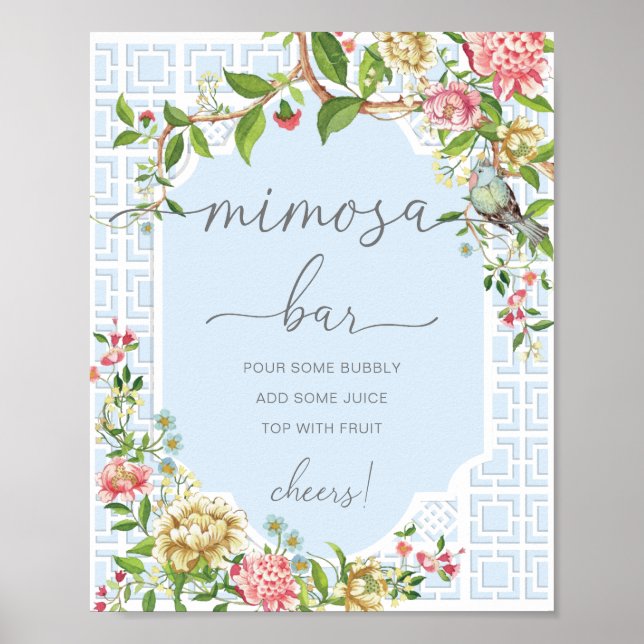 Blue Chinoiserie Baby Dusche Mimosa Bar Schild (Vorne)