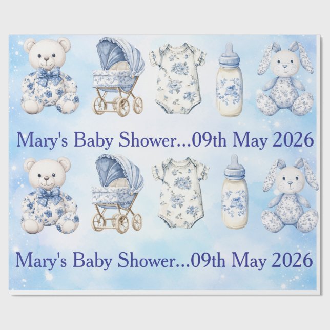 Blue Chinoiserie Baby Shower Wrapping Paper Geschenkpapier (Flach)