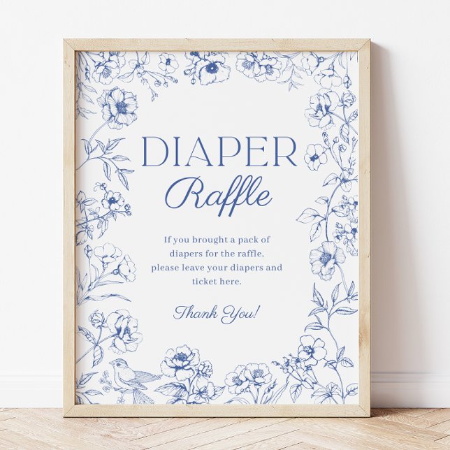 Blue Chinoiserie Babydusche Windeln Raffle Schild (Blue Chinoiserie Baby Shower Diaper Raffle Sign)