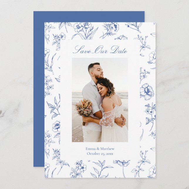 Blue Chinoiserie Blume Foto Save The Date (Vorne/Hinten)