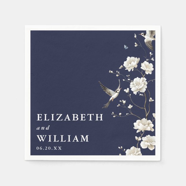 Blue Chinoiserie Blumengarten Hochzeit Serviette (Vorderseite)