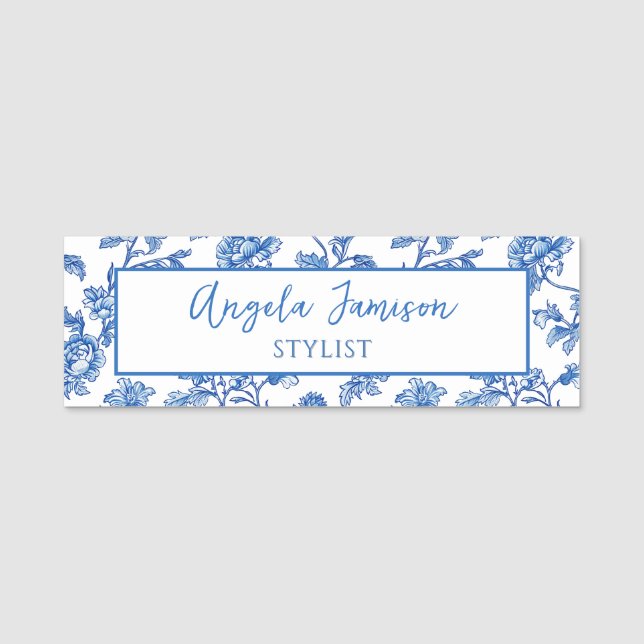 Blue Chinoiserie Blumenmarke Namensschild (Vorderseite)