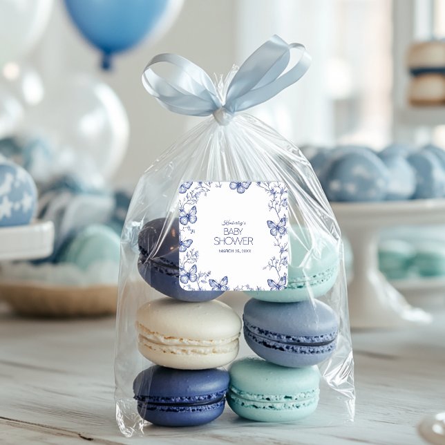 Blue Chinoiserie Butterfly Baby Dusche Quadratischer Aufkleber (Von Creator hochgeladen)