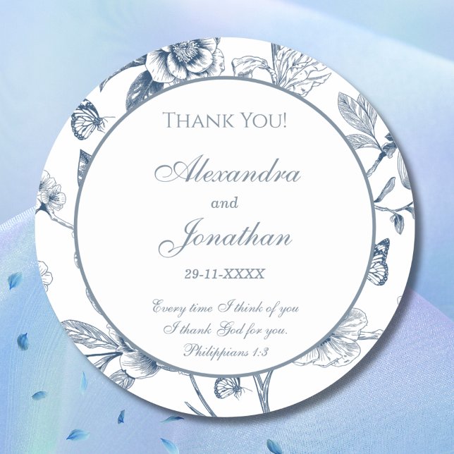 Blue Chinoiserie Christian Wedding Thank You Runder Aufkleber (Von Creator hochgeladen)