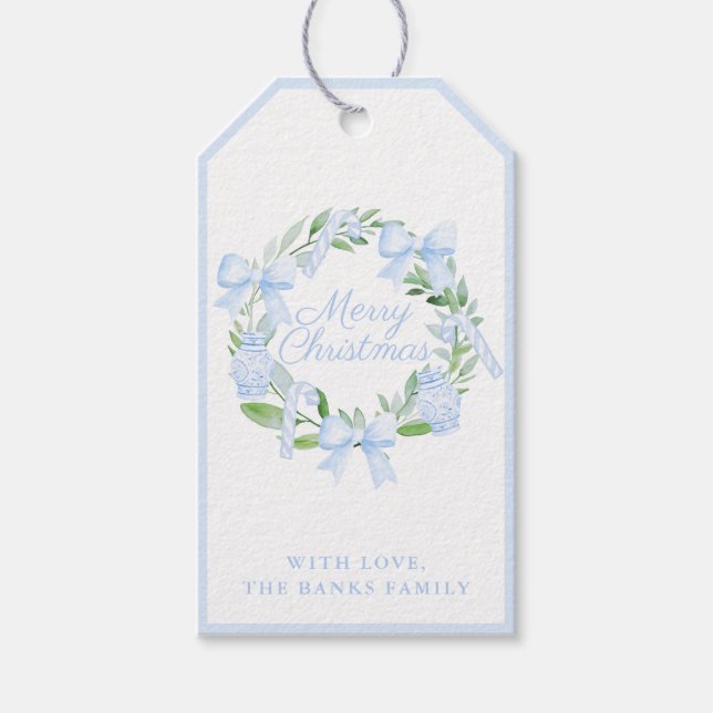 Blue Chinoiserie Christmas Wreath Ginger Jars Bows Geschenkanhänger (Vorderseite)