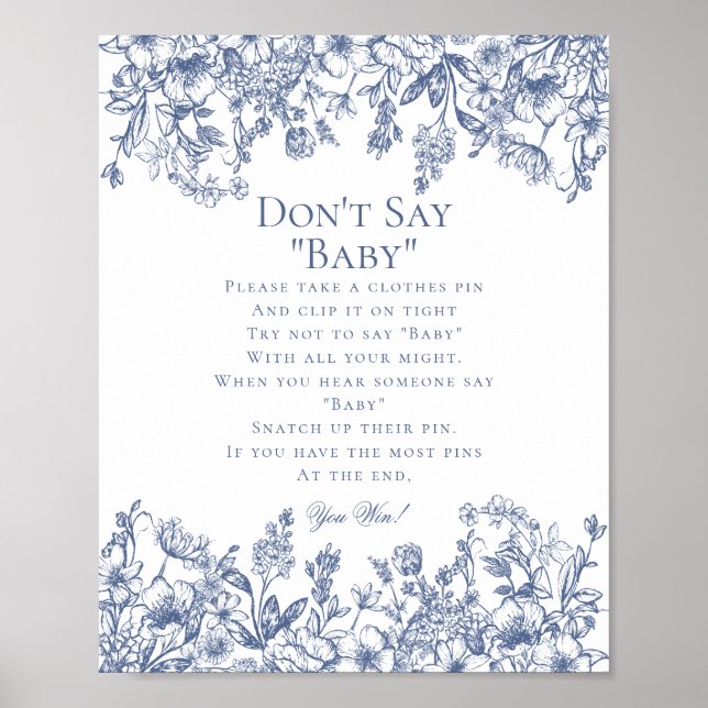 Blue Chinoiserie Dont Say Baby Shower Game Poster (Vorne)