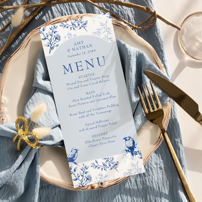 Blue Chinoiserie Elegante Menükarte (Wedding Menu from Chinoiserie Wedding Collection by Darling & May)
