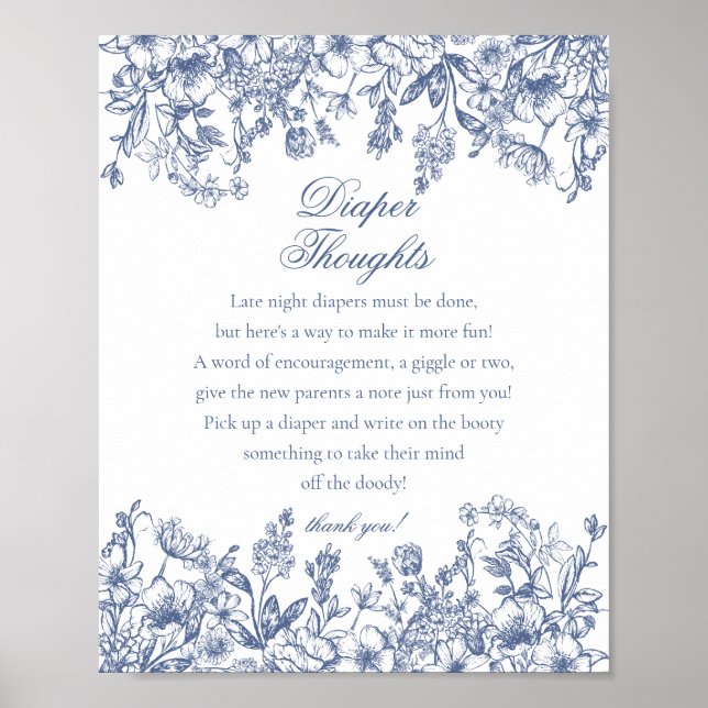 Blue Chinoiserie Flora Diaper Thoughts Baby Shower Poster (Vorne)