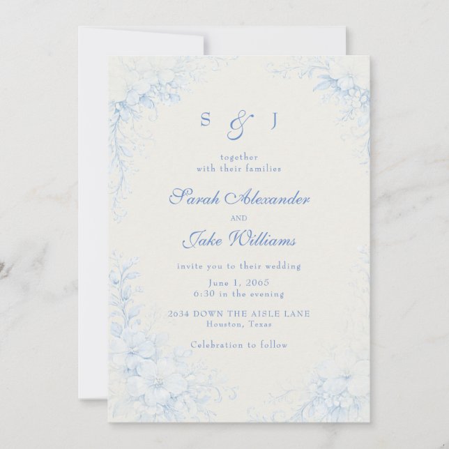 Blue Chinoiserie Floral Cream Wedding Einladung (Vorderseite)