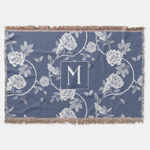 Blue Chinoiserie Floral Monogram Decke
