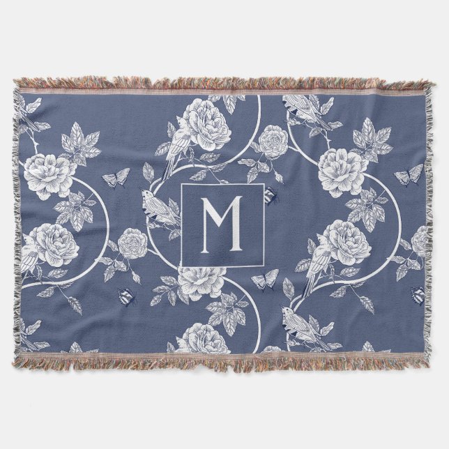 Blue Chinoiserie Floral Monogram Decke (Vorderseite)