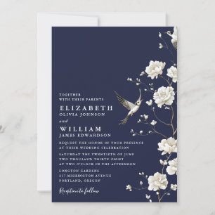 Blue Chinoiserie Floral QR Code Hochzeit Einladung