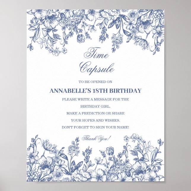 Blue Chinoiserie Floral Time Capsule Baby Birthday Poster (Vorne)