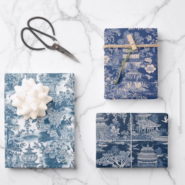 Blue Chinoiserie Geschenkpapier Set (Vorderseite)